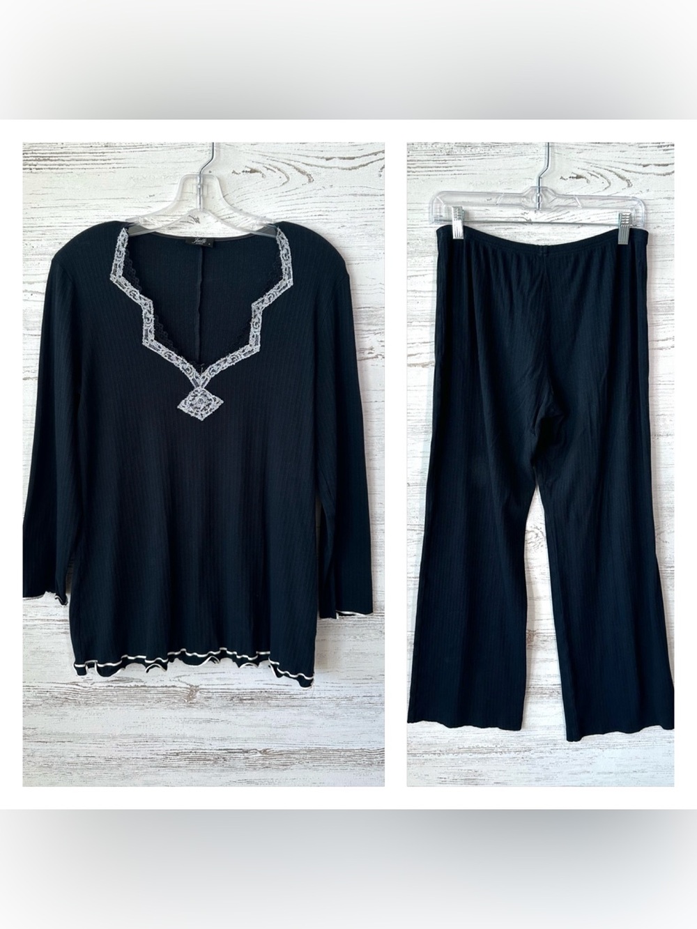 JOELLE LA PERLA Two Piece Ribbed Stretch Jersey Knit Pajama Set Black